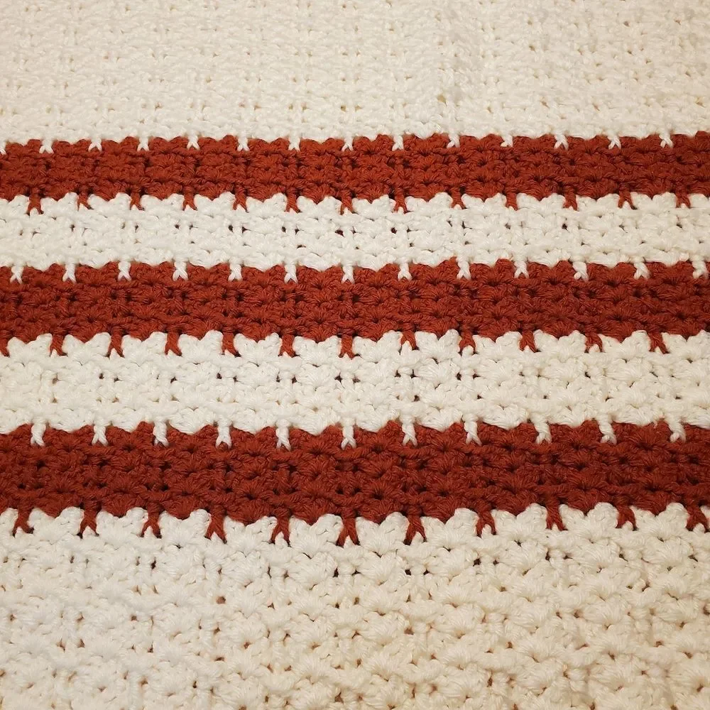 Vintage Handmade Crochet Throw Blanket Off White with Burnt Orange Stripes